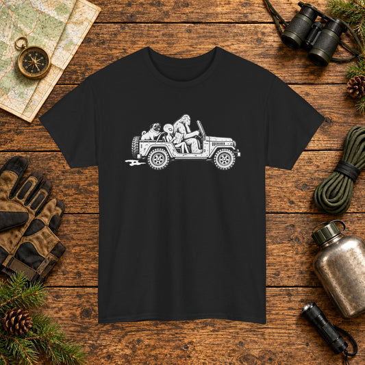Pug, Bigfoot & Alien Off-Road Adventure T-Shirt