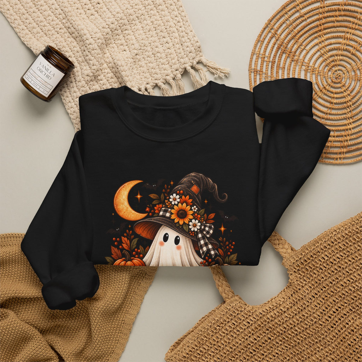 Spooky But Sweet Halloween Sweatshirt — Cute Witch Ghost Pumpkin Design