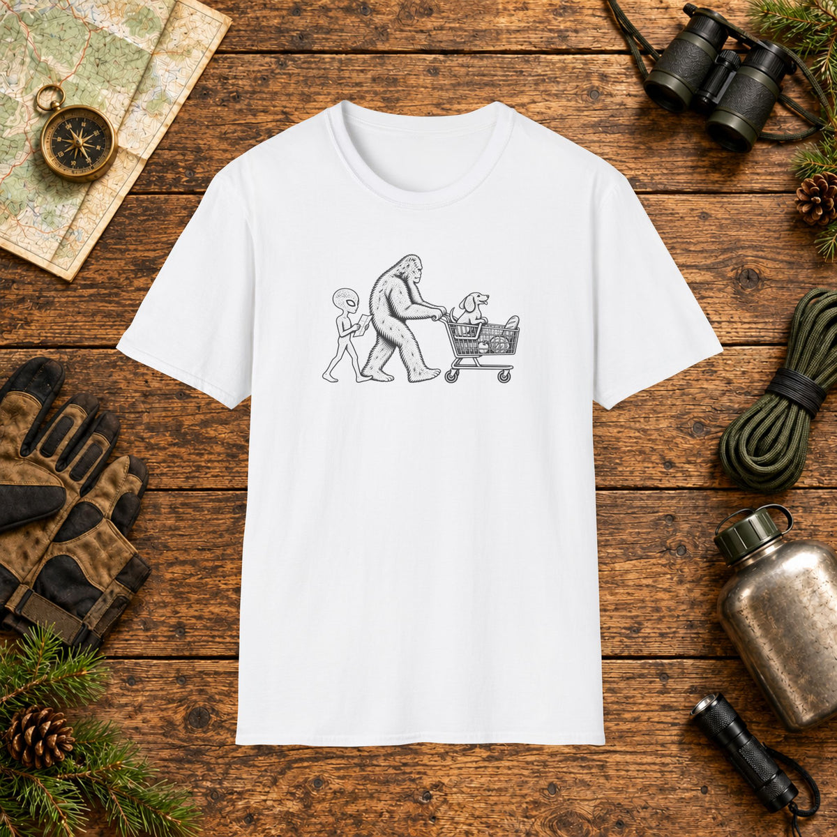 Dachshund Shopping Hiking Crew T‑Shirt — Minimal Line Art Backpacker Family