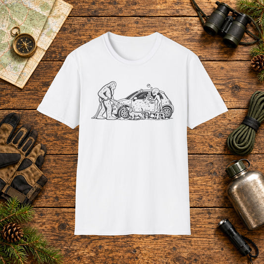 Dachshund Car Wash Hiking Crew T‑Shirt — Minimal Line Art Backpacker Family
