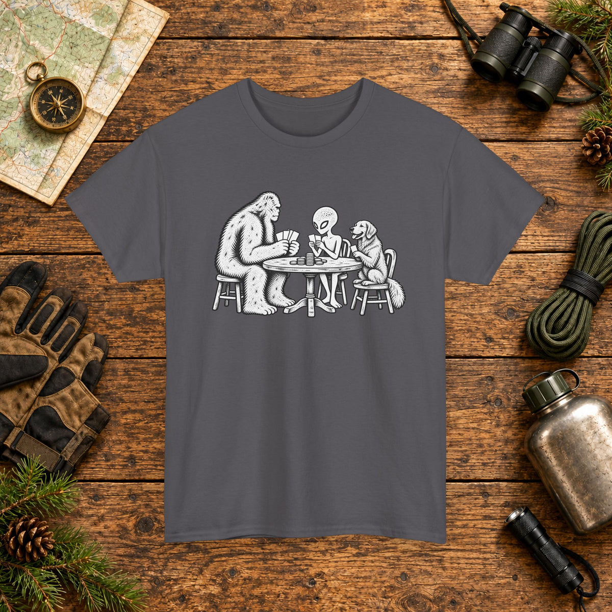 Golden Retriever, Bigfoot & Alien Poker Night T-Shirt