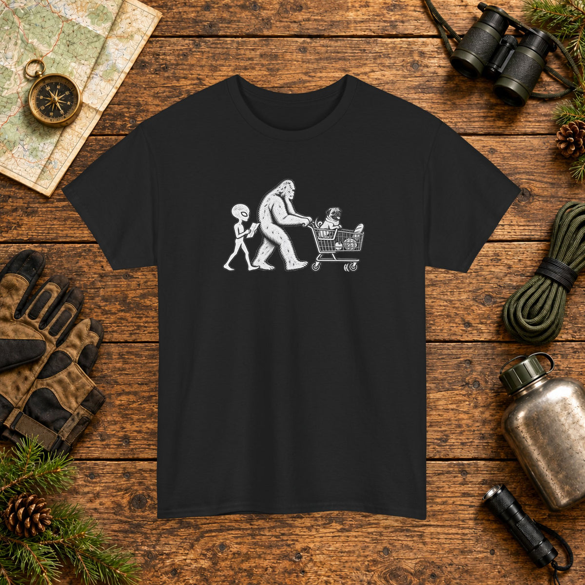 Pug, Bigfoot & Alien Grocery Shopping T-Shirt