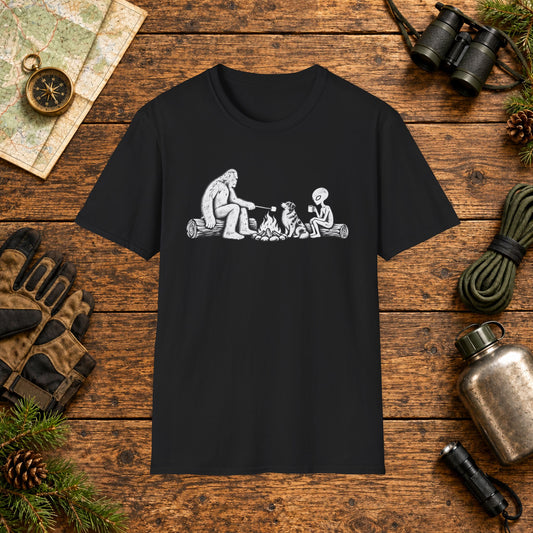 Australian Shepard Campfire Friends T-Shirt — Sasquatch, Alien & Dog Retro Line Art Tee
