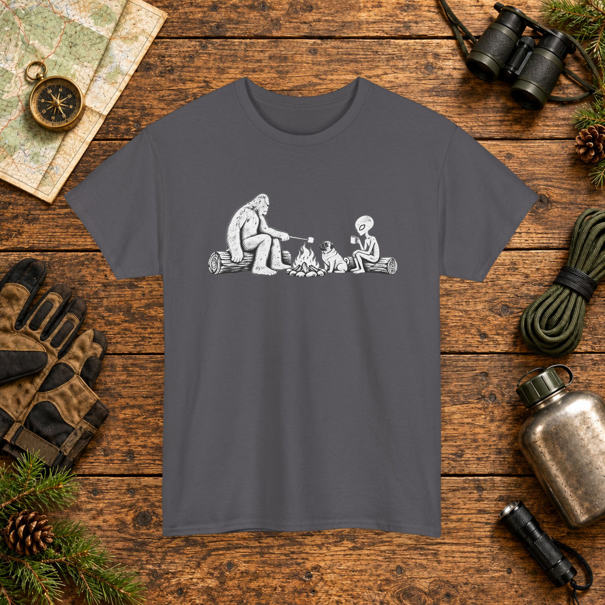 Pug, Bigfoot & Alien Campfire T-Shirt