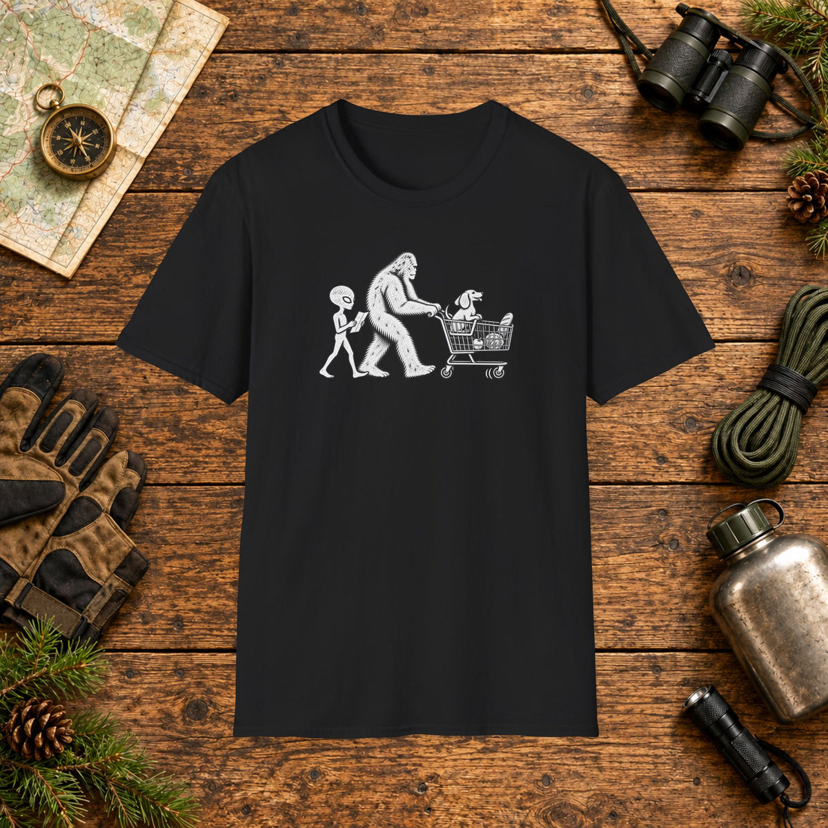 Dachshund Shopping Hiking Crew T‑Shirt — Minimal Line Art Backpacker Family