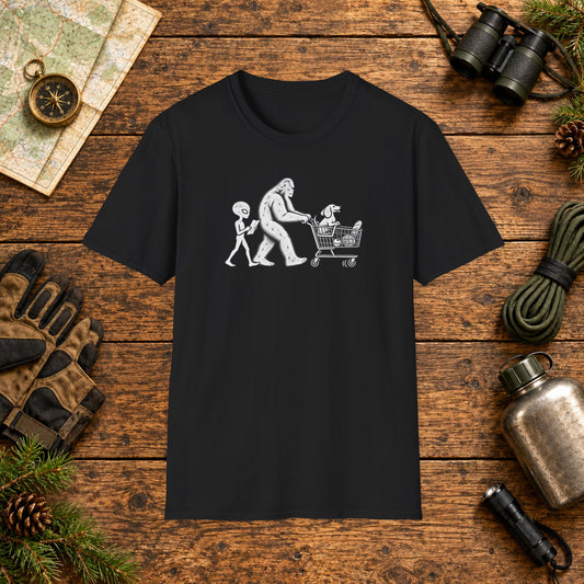 Dachshund Shopping Hiking Crew T‑Shirt — Minimal Line Art Backpacker Family