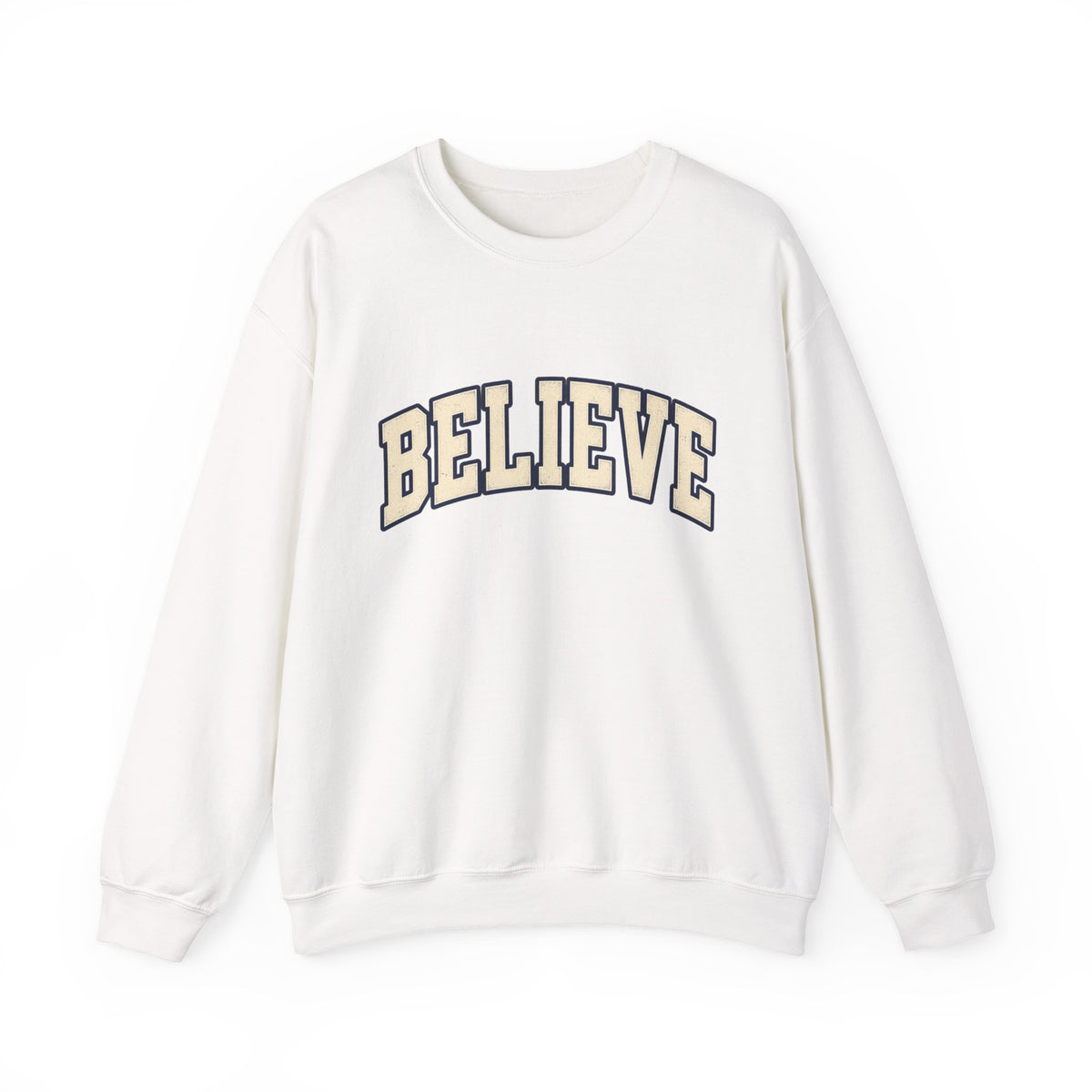 Believe Crewneck Sweatshirt — Vintage Collegiate White Pullover