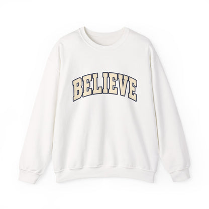 Believe Crewneck Sweatshirt — Vintage Collegiate White Pullover