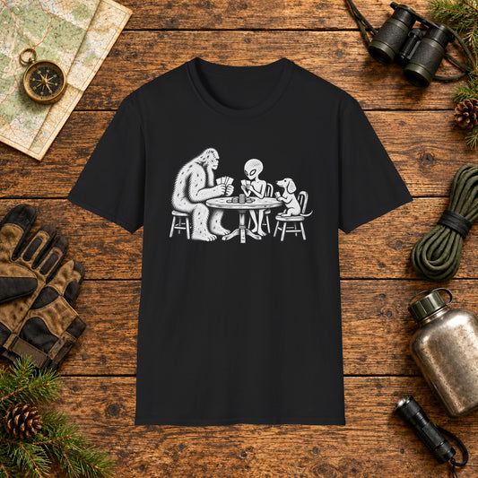 Dachshund Poker Hiking Crew T‑Shirt — Minimal Line Art Backpacker Family