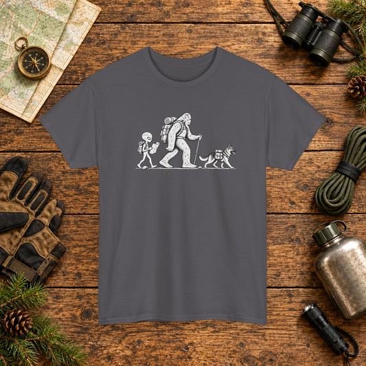 German Shepherd, Bigfoot & Alien Hiking Adventure T-Shirt