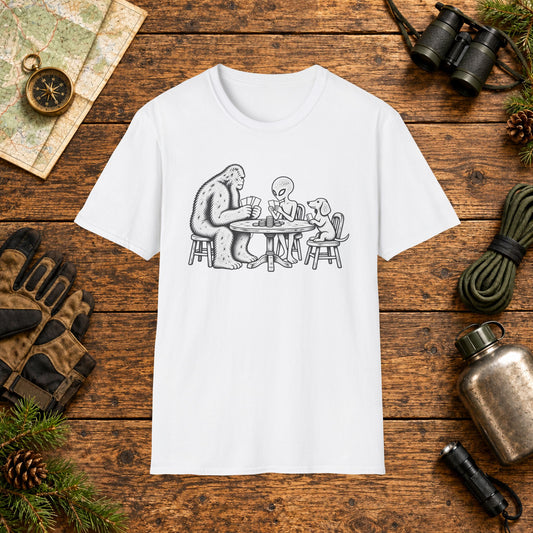 Dachshund Poker Hiking Crew T‑Shirt — Minimal Line Art Backpacker Family