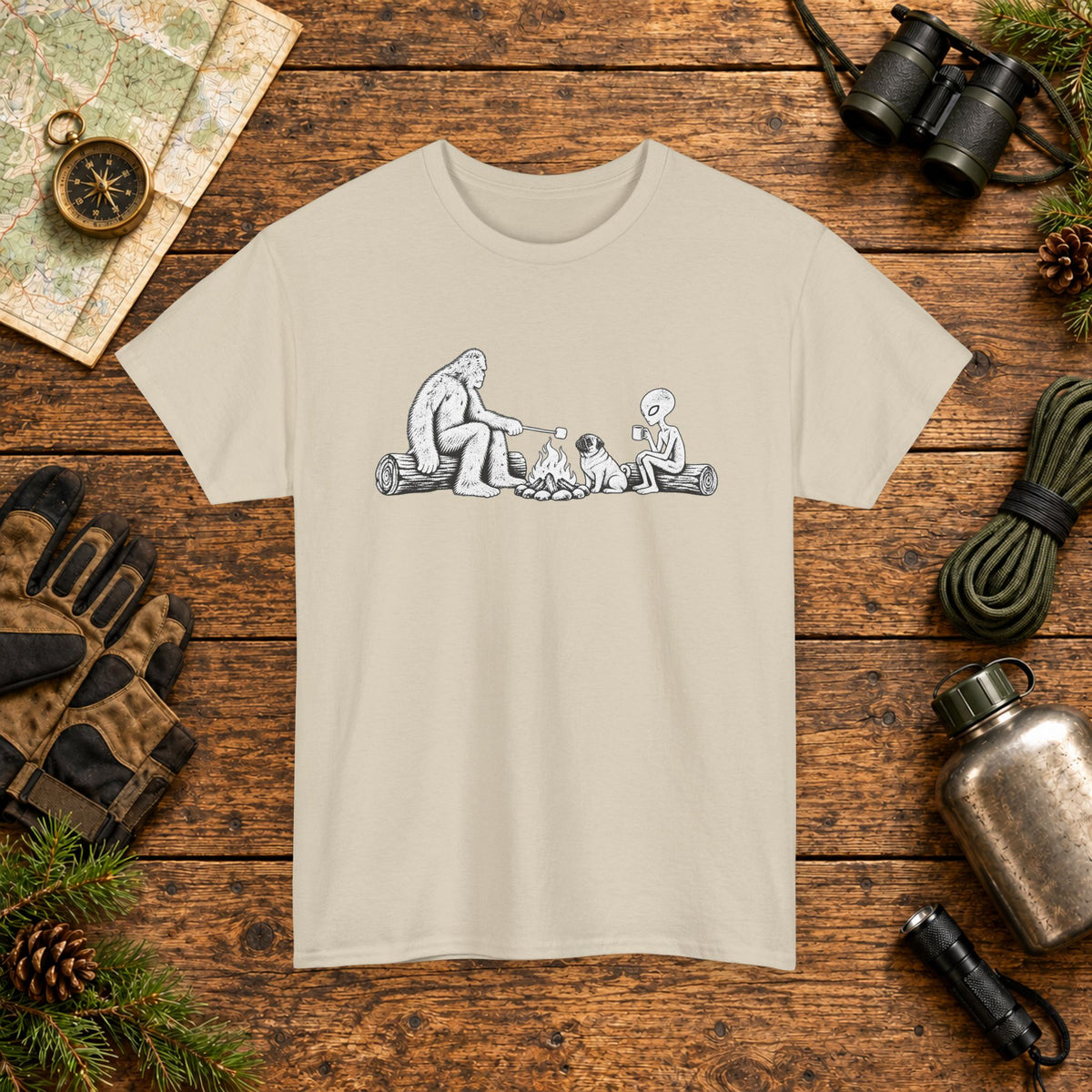 Pug, Bigfoot & Alien Campfire T-Shirt