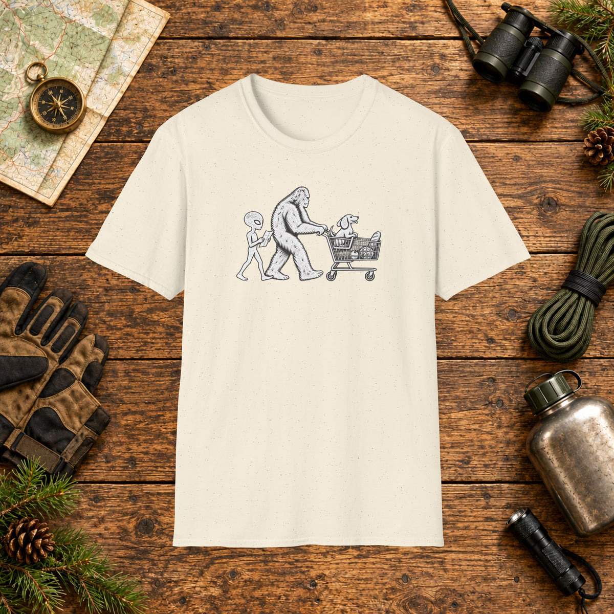 Dachshund Shopping Hiking Crew T‑Shirt — Minimal Line Art Backpacker Family