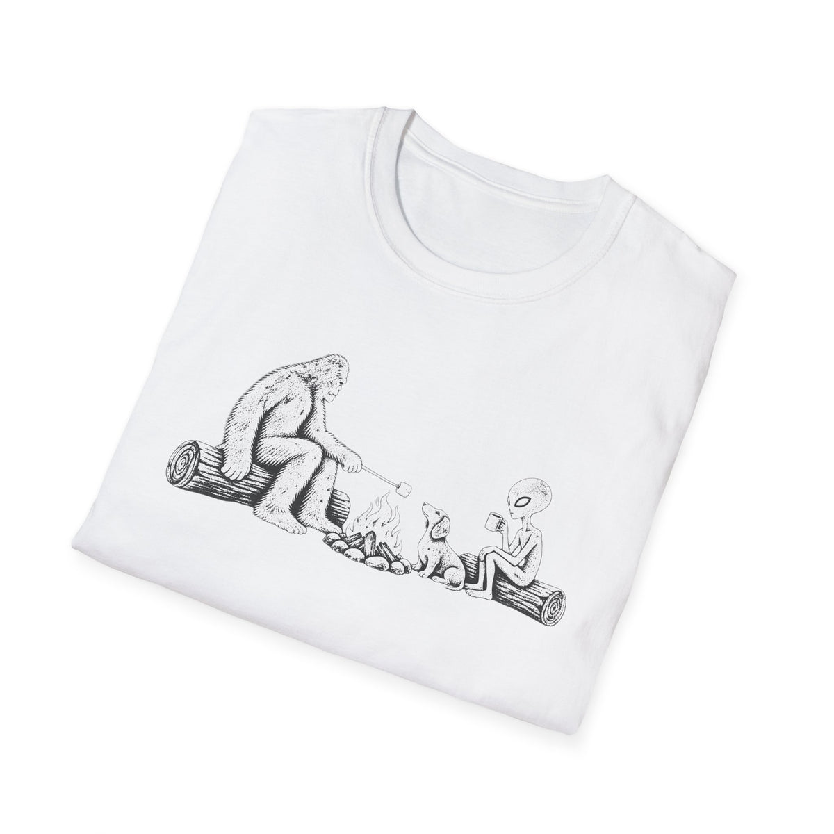 Dachshund Campfire Hiking Crew T‑Shirt — Minimal Line Art Backpacker Family
