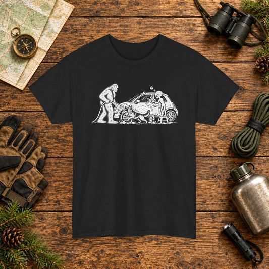 German Shepherd, Bigfoot & Alien Car Wash T-Shirt