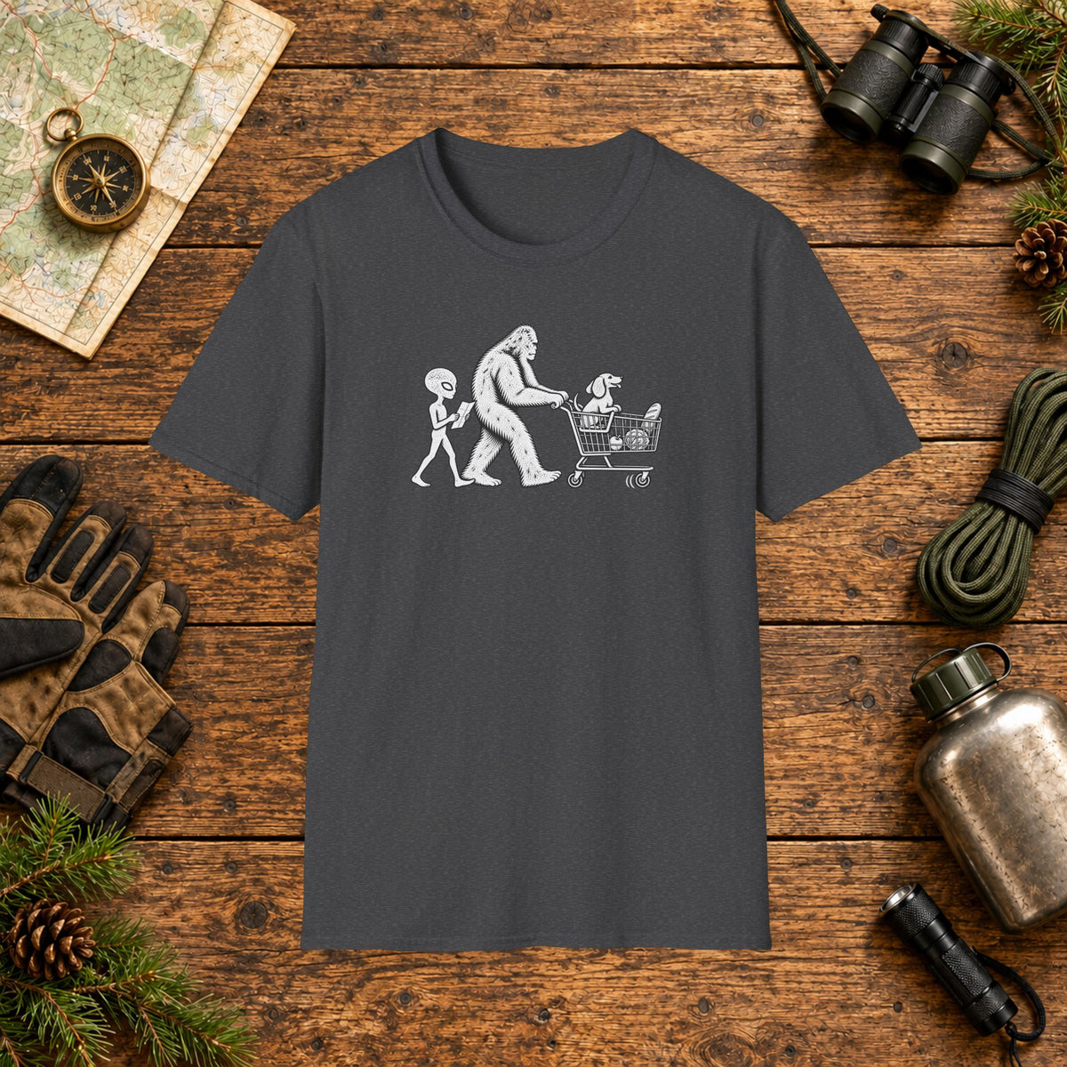 Dachshund Shopping Hiking Crew T‑Shirt — Minimal Line Art Backpacker Family
