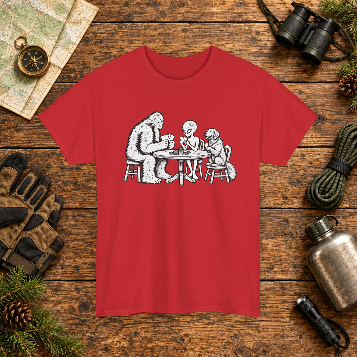 Golden Retriever, Bigfoot & Alien Poker Night T-Shirt