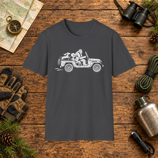 Dachshund Jeep Hiking Crew T‑Shirt — Minimal Line Art Backpacker Family