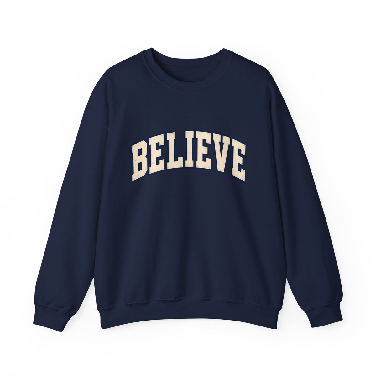 Believe Crewneck Sweatshirt — Vintage Collegiate White Pullover