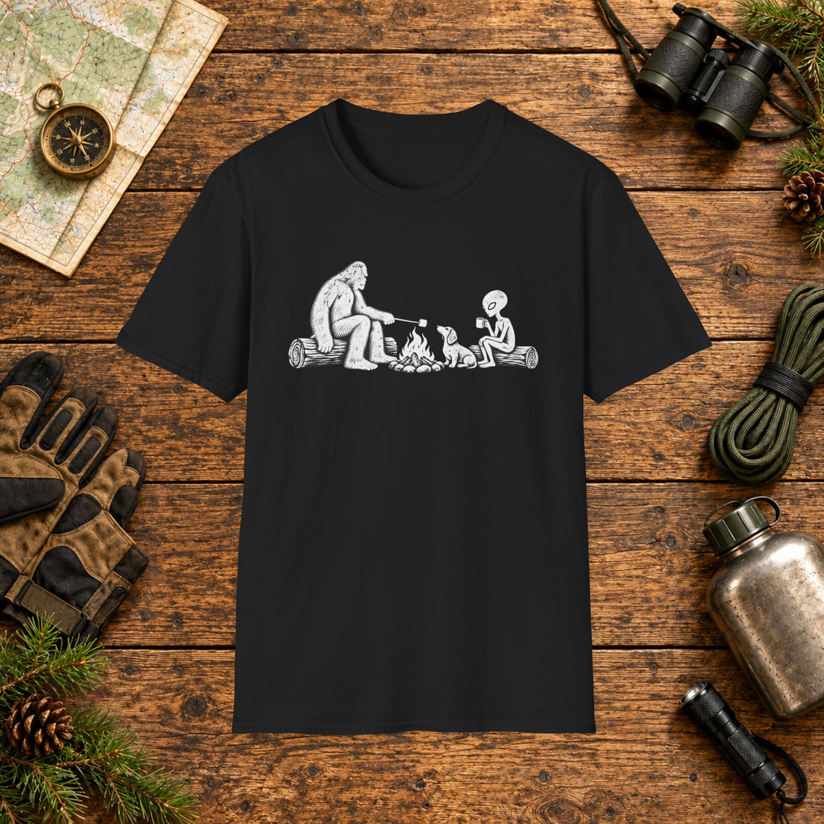 Dachshund Campfire Hiking Crew T‑Shirt — Minimal Line Art Backpacker Family